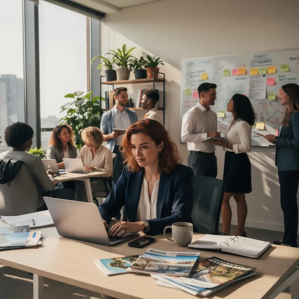 Zespół specjalistów planuje harmonogram podróży, analizując mapy i dokumenty.