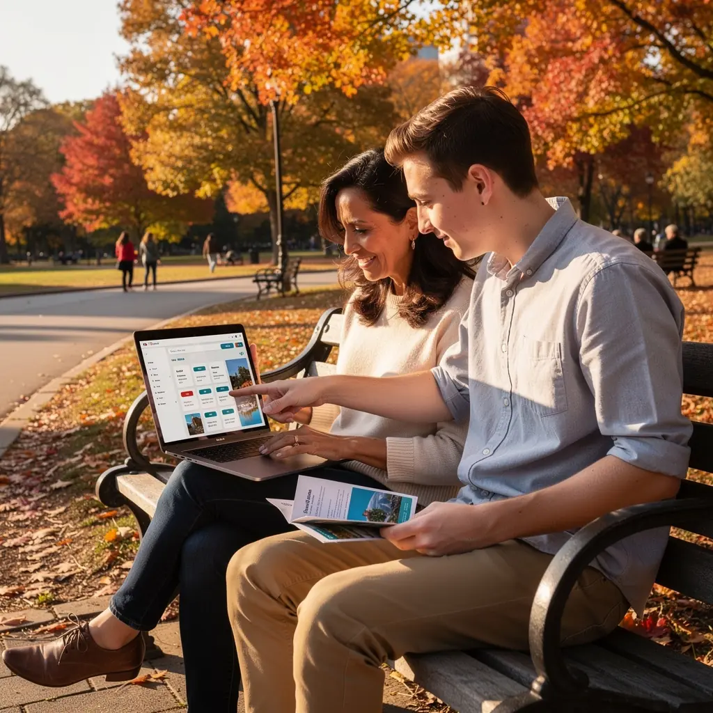 Grupa podróżnych przeglądająca mapę i planująca trasę wyjazdu.