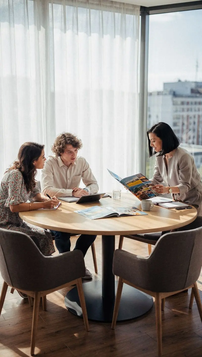Pracownik biura podróży rozmawia przez telefon, koordynując szczegóły wyjazdu.