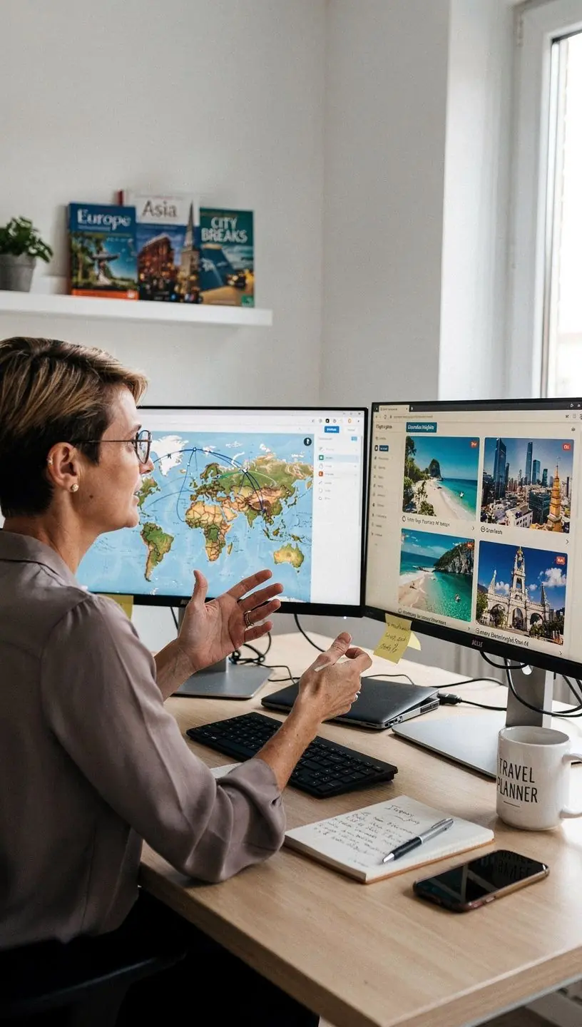 Pracownik biura podróży koordynuje harmonogram podróży z klientem przez telefon.