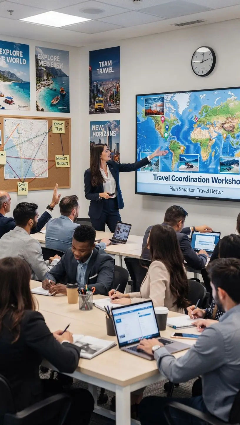 Zespół specjalistów pracujących nad harmonogramem podróży w nowoczesnym biurze.