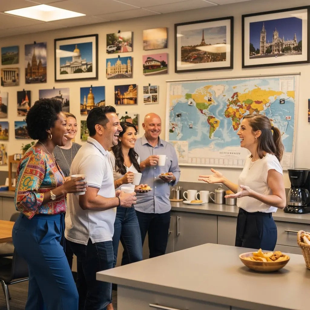 Mężczyzna aktualizujący szczegóły podróży na laptopie w biurze obsługi klienta.