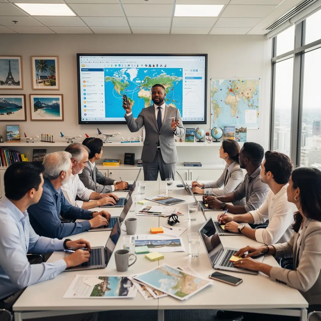 Zespół specjalistów planowania podróży analizuje harmonogramy lotów na ekranach komputerów w biurze.