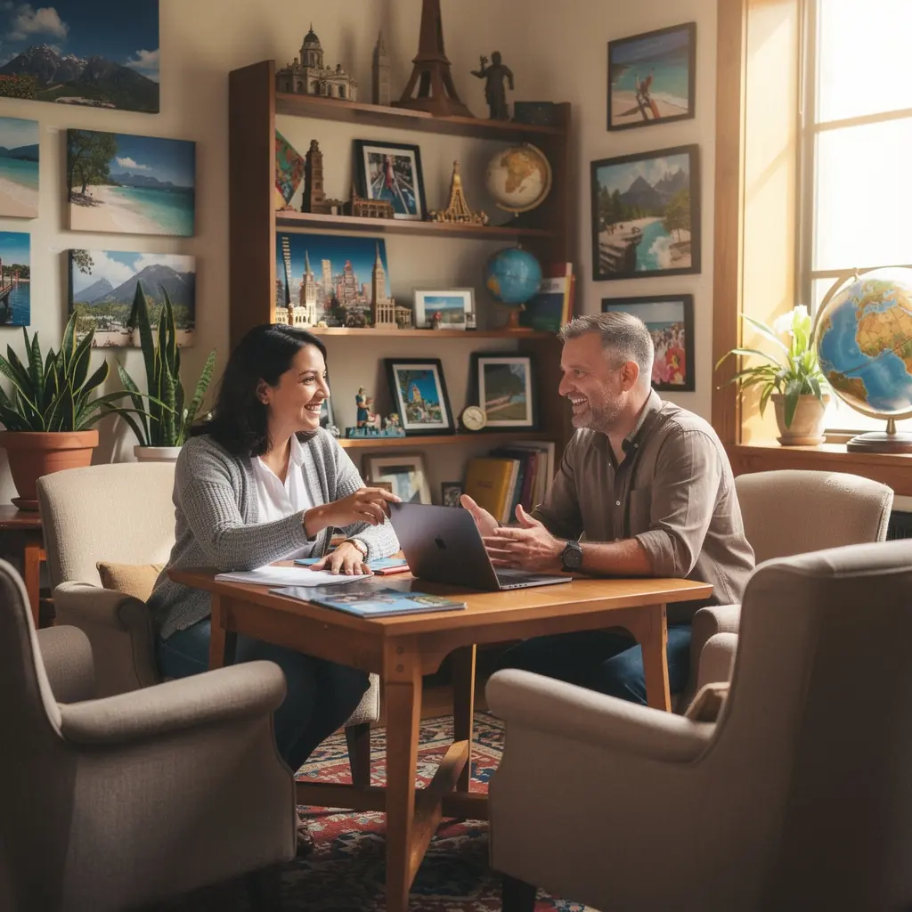 Widok na biuro podróży z mapami i materiałami informacyjnymi o popularnych destynacjach turystycznych.