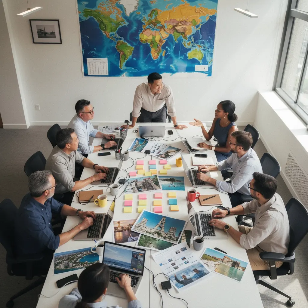 Grupa turystów z plecakami, planująca swoją trasę na świeżym powietrzu.