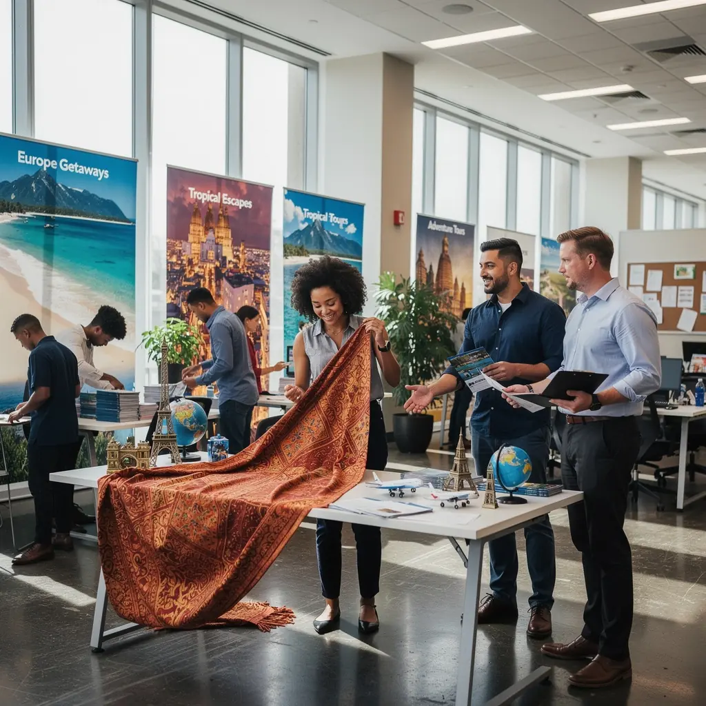 Stół w biurze z dokumentami podróżnymi i laptopem, służący do organizacji wyjazdów.