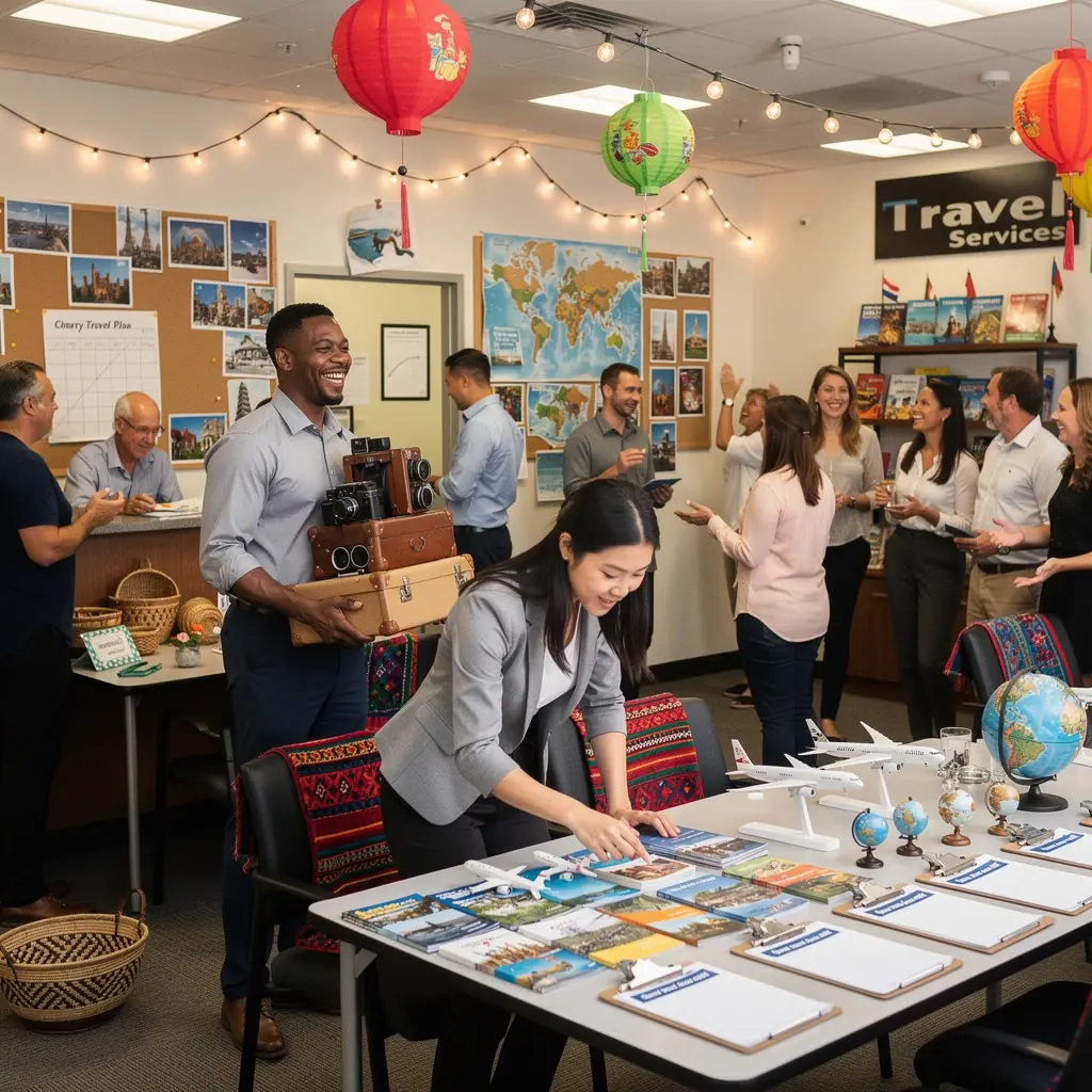 Pracownik biura koordynacji podróży rozmawia przez telefon, pomagając klientowi w aktualizacji planu podróży.