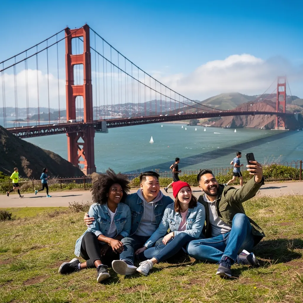 Grupa turystów zwiedzających lokalne atrakcje, cieszących się piękną pogodą i kulturą.